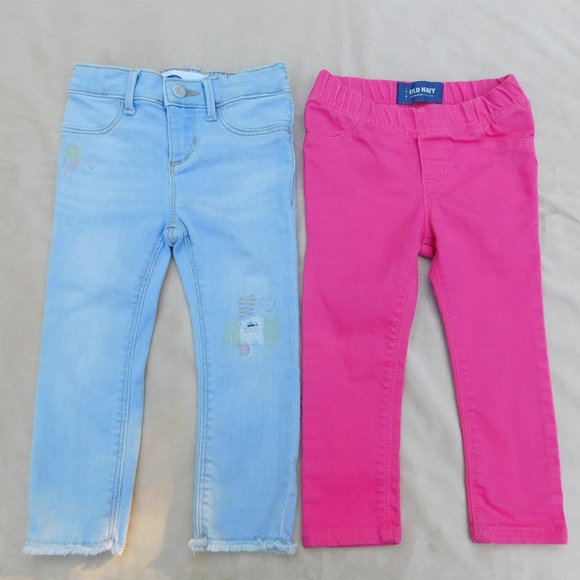 Bundle of Old Navy 2T Distressed Embroided Jeans & Hot Pink Pullon Jeans - Picture 1 of 2